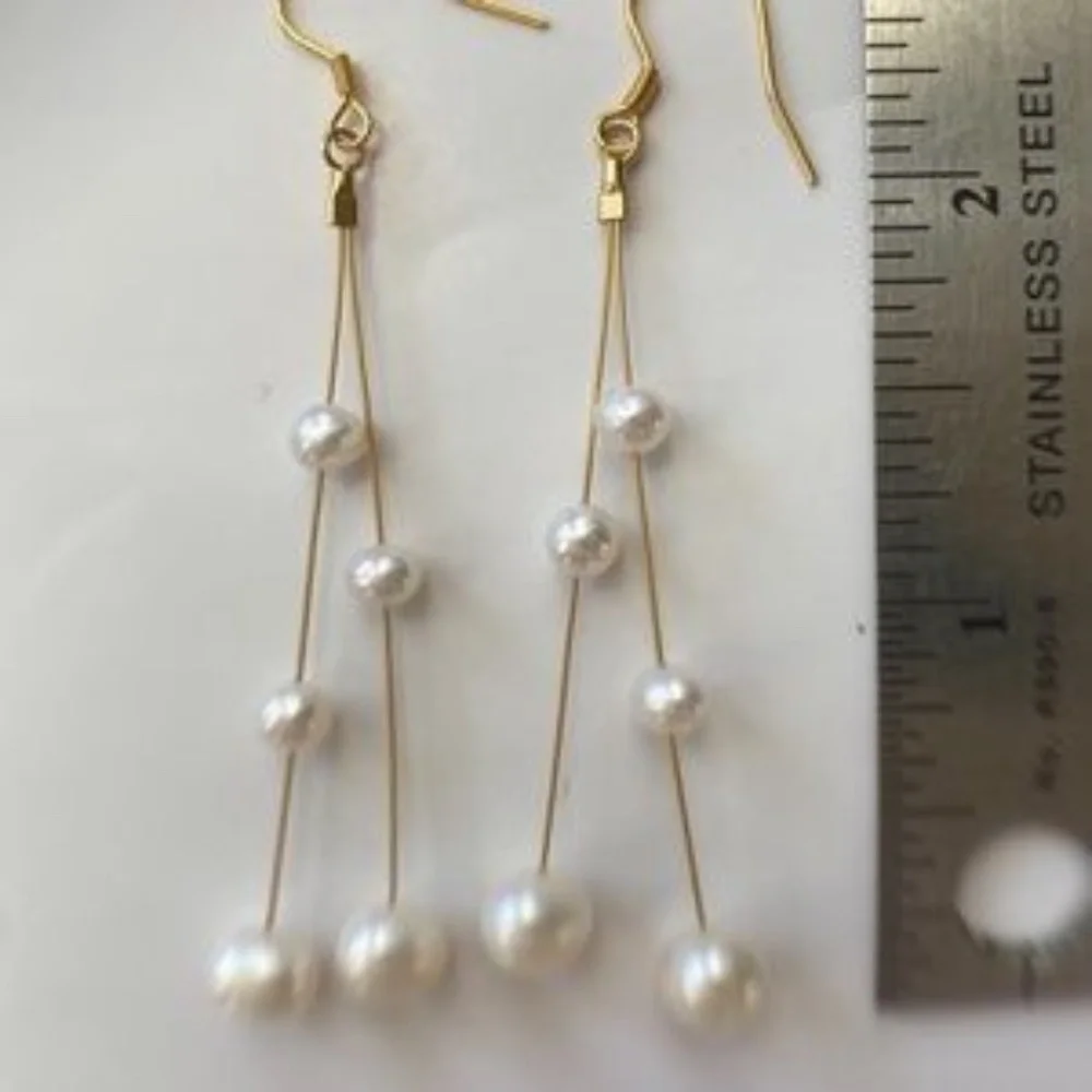 White AAAvPearl Long Linear Dangle Earrings • Gold • Statement Earrings